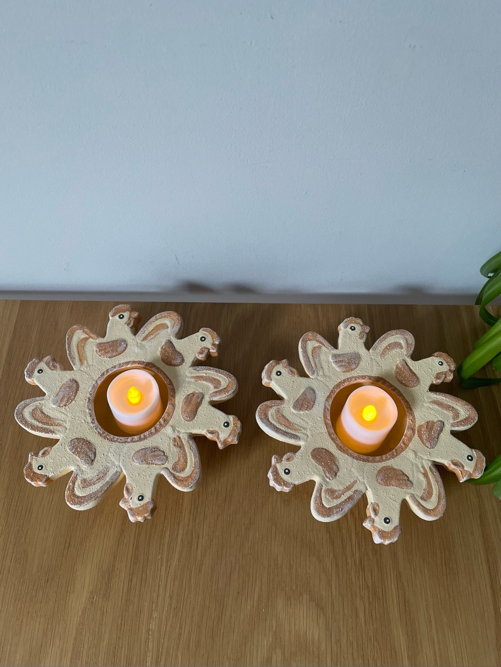 Celestial Sun Chicken Pottery Tealight Candle Holders Pair 🌞 🐓